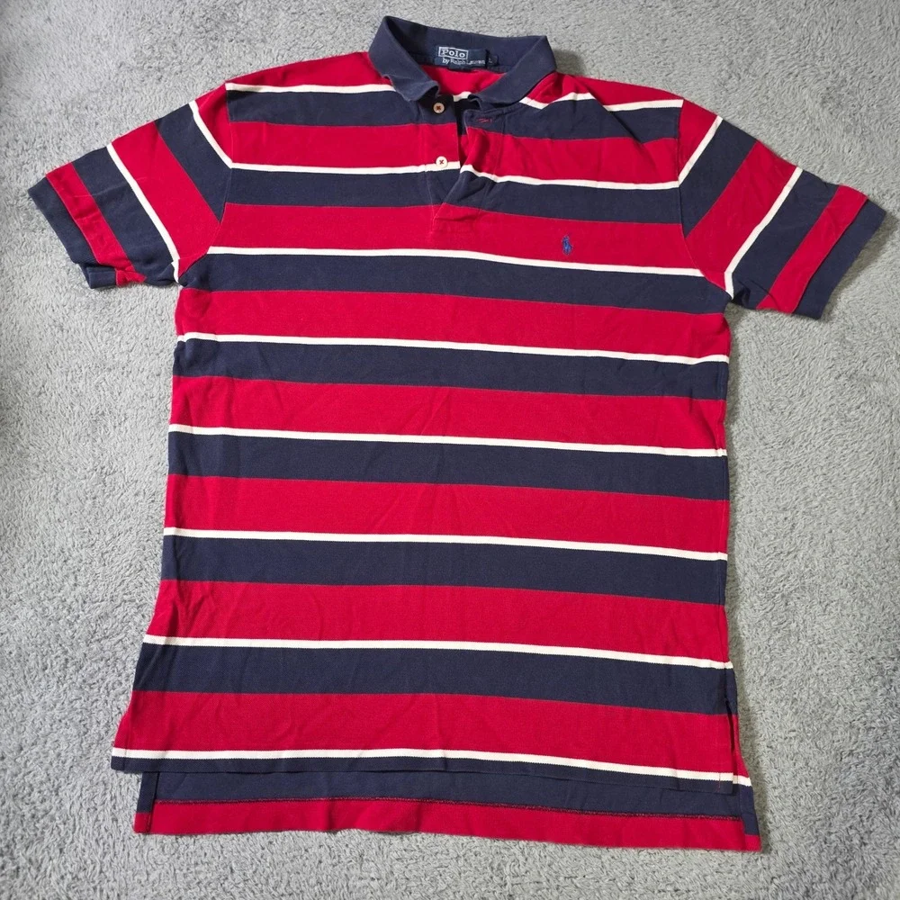 Polo Ralph Lauren Mens Large Polo Shirt Red Navy Blue Striped Short Sleeve Pony